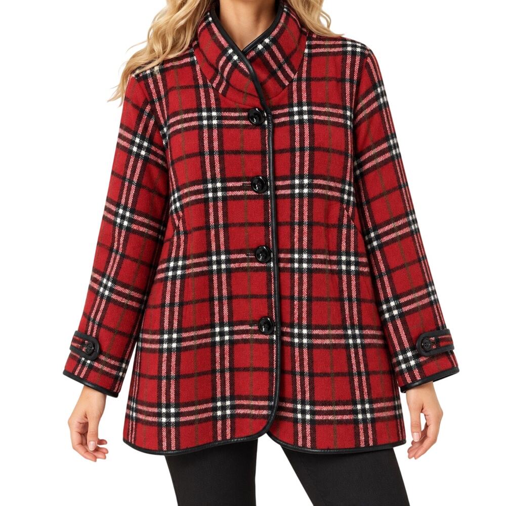 Ali Miles Sz 1X WOOL BLEND Red Plaid Christmas Coat Jacket Top Holiday Festive